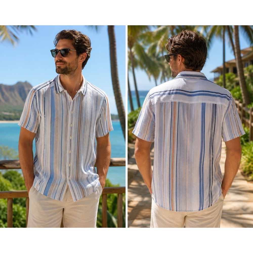 Tommy Bahama Relax 100% Linen Striped Short Sleeve Shirt LARGE Multicolor EUC
